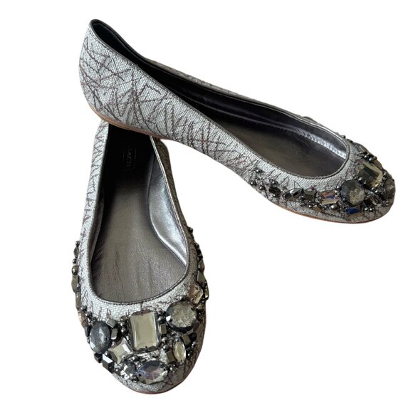 Coach Bejeweled Silver Ballet Flats Sz 8.5 NWOT